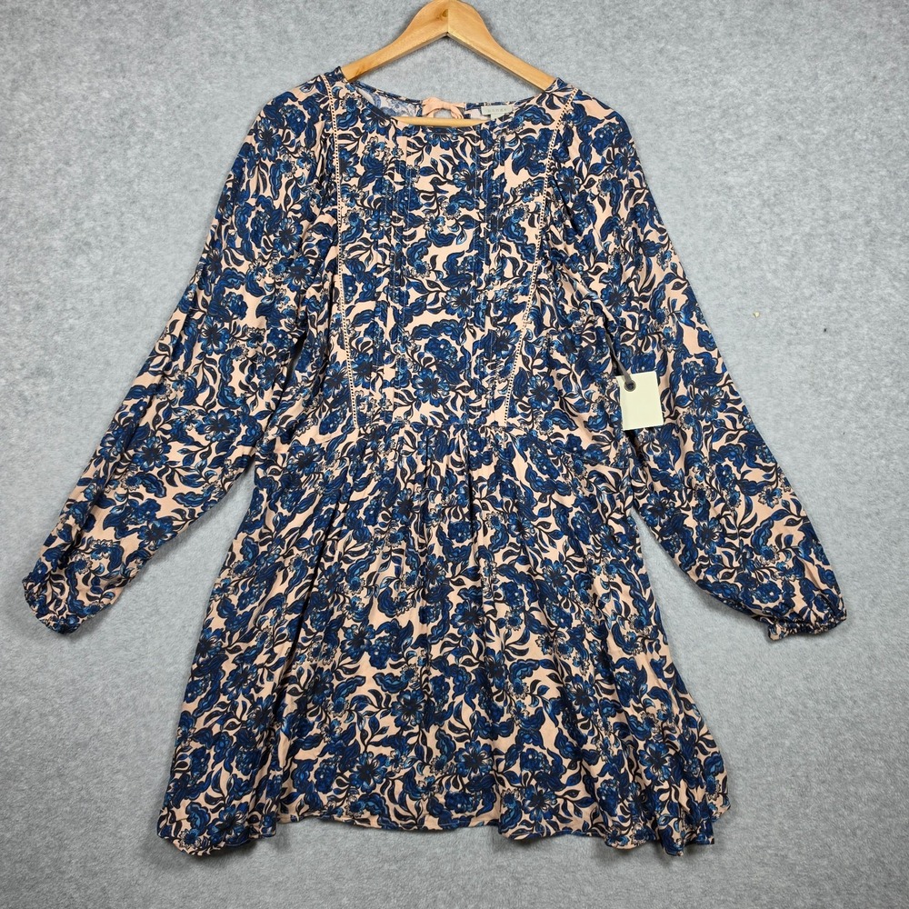 Hinge Dress Wopmens Size Small Beige Navy Floral Mini Peasant Balloon Sleeve NEW